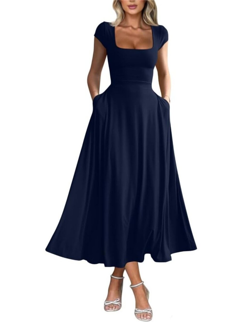 Casual Short Sleeve Square Neck Flowy Maxi Dress for Women - Perfect Summer